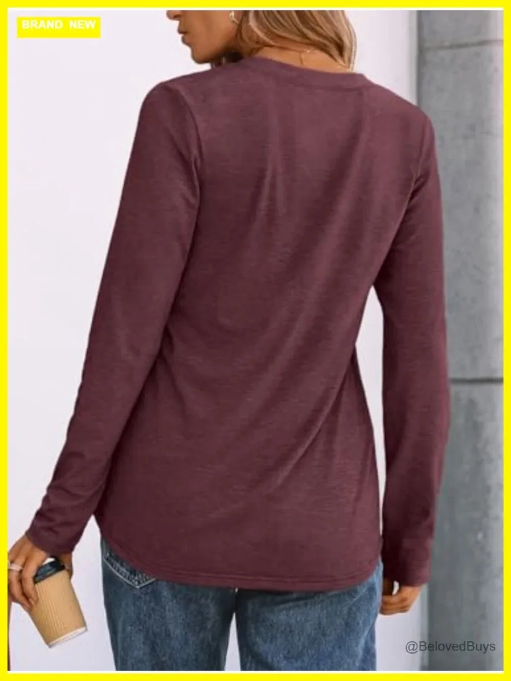 Women's Long Sleeve V-Neck Henley Blouse Loose Fit Dressy Casual Work Top